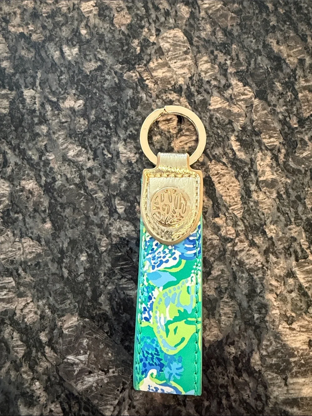 Lilly Pulitzer Green Blue Printed Key Fob with Gold Hardware